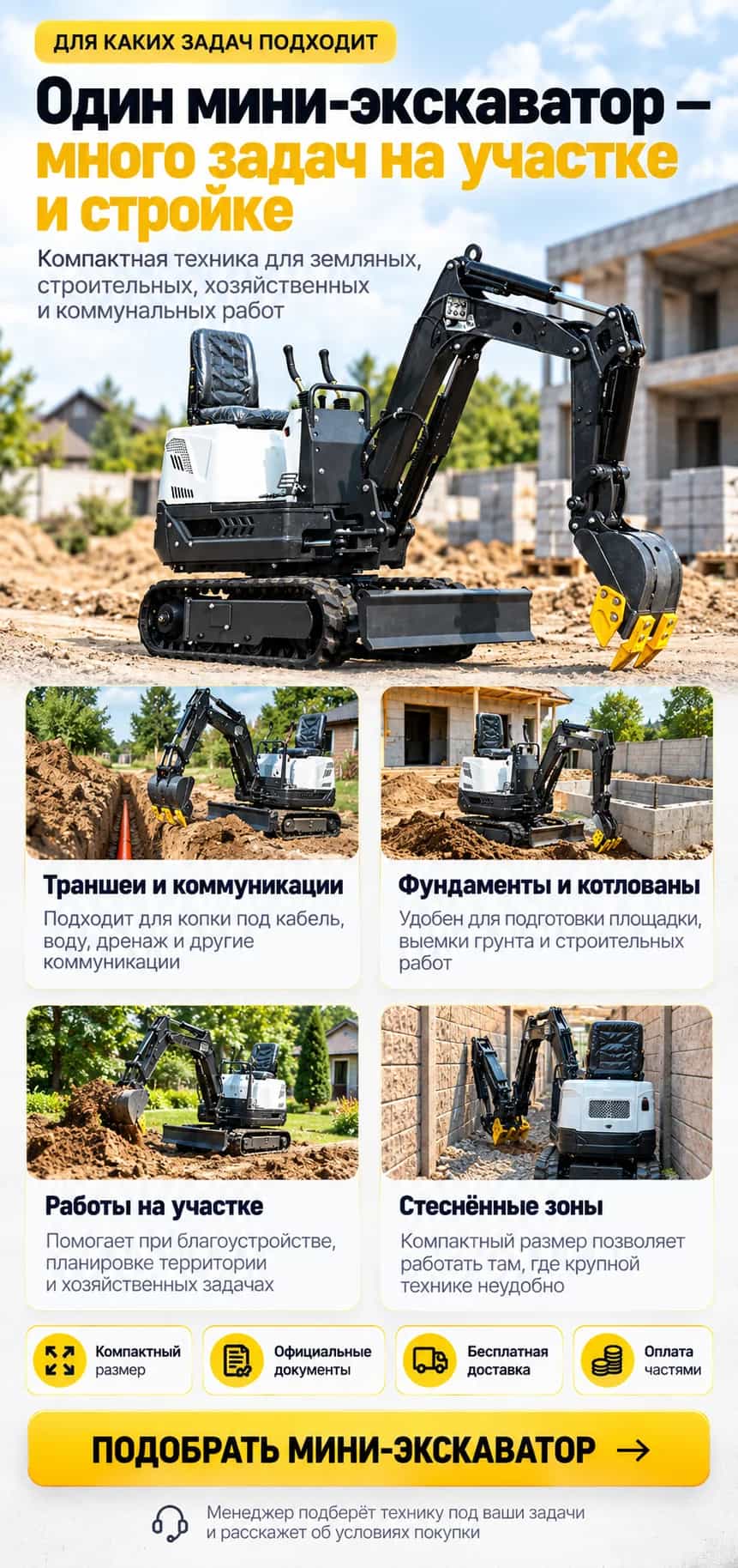 Мини-экскаватор возле траншеи для коммуникаций